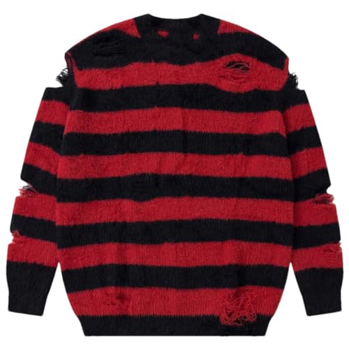 Herren Oversized Hip Hop Ripped Striped Knit Sweater Distressed Harajuku Streetwear Knit Pullover, rot / schwarz, X-Large von Pulcykp
