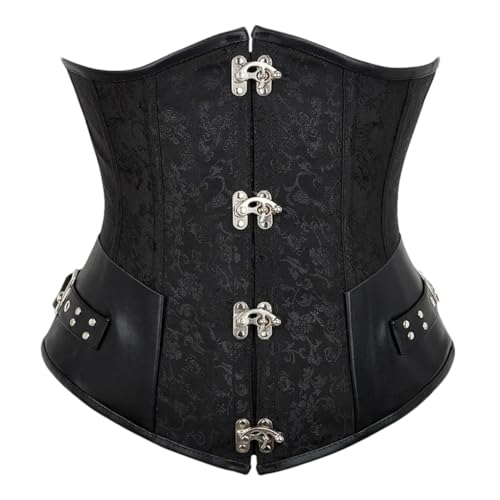 Pulcykp Damen Leder Unterbrust Korsett Kontrolle Gothic Taille Cincher Bustiers Stickerei Kurz Trainer, Schwarz , 48 von Pulcykp