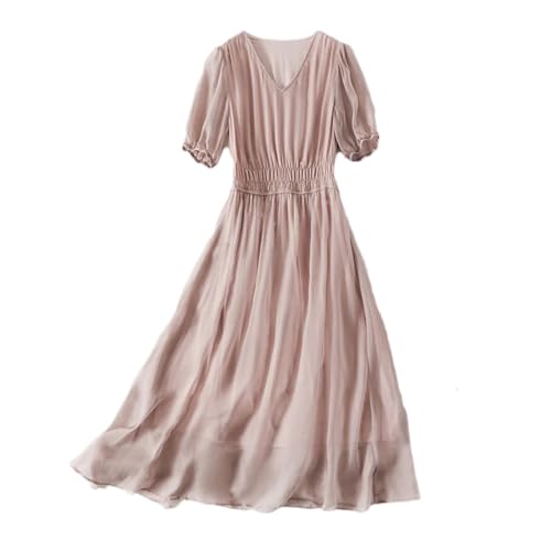 Pulcykp Damen-Midikleid aus Maulbeerseide, V-Ausschnitt, elegante Sommerkleid, kurzärmelig, Strandkleid, Lotuswurzelfarbe, L von Pulcykp