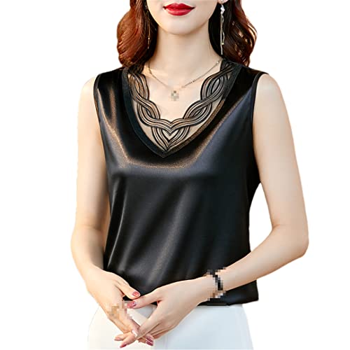 Pulcykp Damen Satin Ärmellose Bluse Seidig V-Ausschnitt Spitze Tank Top Solid Basic Sling Bottoming Blusen, Schwarz , XXXXXL von Pulcykp