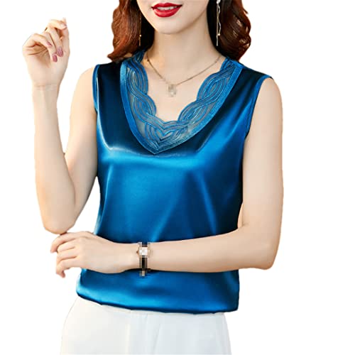 Pulcykp Damen Satin Ärmellose Bluse Seidig V-Ausschnitt Spitze Tank Top Solid Basic Sling Bottoming Blusen, blau, XXXXXL von Pulcykp