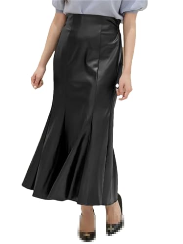 Pulcykp Frauen PU Leder Rock Stitching Maxi Büro Meerjungfrau Röcke Hohe Taille Paket Hüfte Rock, Schwarz , 48 von Pulcykp