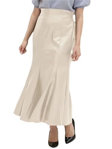 Pulcykp Frauen PU Leder Rock Stitching Maxi Büro Meerjungfrau Röcke Hohe Taille Paket Hüfte Rock, beige, XXXXXL von Pulcykp