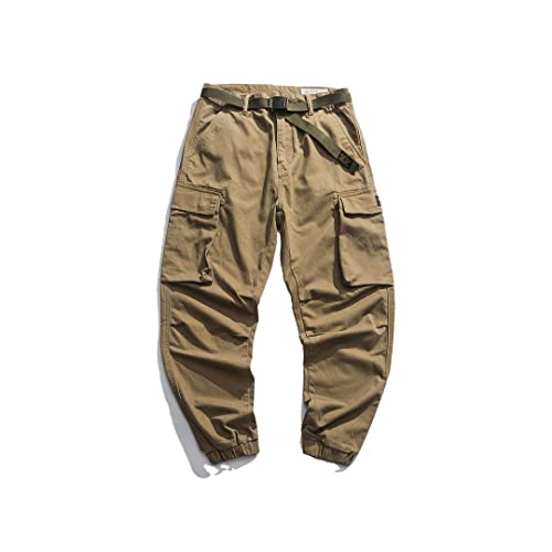 Pulcykp Herren-Jogginghose aus Baumwolle mit Gürtel und Cargohose für den Außenbereich, mehrere Taschen, khaki, 41-44.5 von Pulcykp