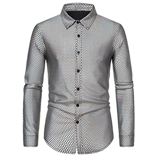 Pulcykp Herren Langarm Button Down Revers Hemd Disco Party Weihnachten Ball Shirt, A303-Silber, XL von Pulcykp