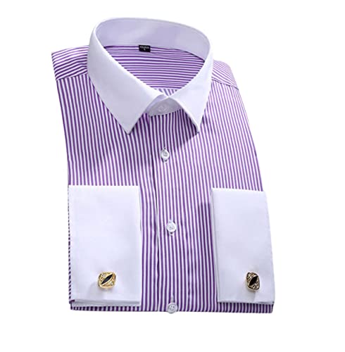 Pulcykp Herren Slim Fit French Manschettenknöpfe Hemd Langarm Baumwolle Smoking Hemd Formal Dress Shirts, Violett gestreift, XL von Pulcykp