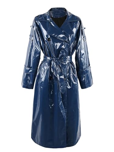 Pulcykp Lange Weiche Dünne Glänzende Reflektierende Lack Faux Leder Trenchcoat Für Frauen Schärpen Europäischen Mantel, blau, 46 von Pulcykp
