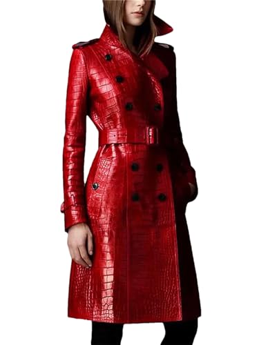 Pulcykp Langer Druck Leder Trenchcoat Für Frauen Gürtel Zweireiher Elegante Britischen Stil Mantel, rot, 6X-Large von Pulcykp