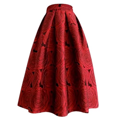 Pulcykp Langer Midi-Faltenrock für Frühling, Herbst, Saflor, Vintage, Jacquard, hohe Taille, lang, rot, 36 von Pulcykp