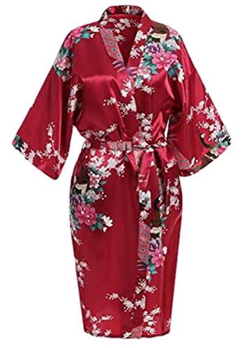 Pulcykp Mini-Nachthemd für den Sommer, weiblich, Kimono, Bademantel, Viskose, Blumenmuster, Brautjungfer, Hochzeitsmantel, burgunderfarben, XXXXL von Pulcykp