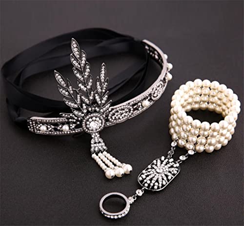 Pulcykp Zubehör Set Vintage Feder Kopfschmuck Strass Perlen Haarband 1920er Jahre Party Stirn Dekorationen von Pulcykp