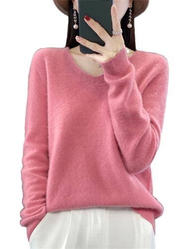 Strickpullover Kaschmir Pullover Frauen Merino Wolle V-Ausschnitt Pullover Winter Herbst Stricken Top, Garnelen Pnnrk, XL von Pulcykp