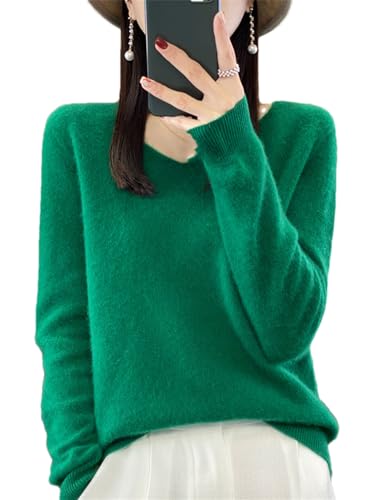 Strickpullover Kaschmir Pullover Frauen Merino Wolle V-Ausschnitt Pullover Winter Herbst Stricken Top, Gn, XL von Pulcykp