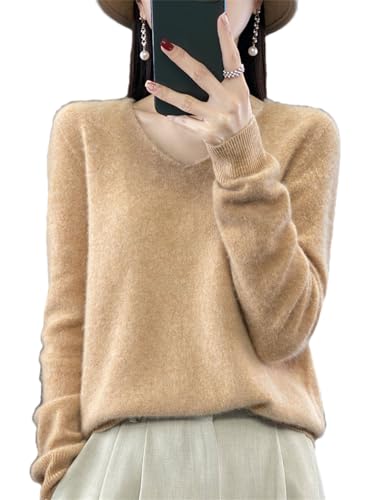 Strickpullover Kaschmir Pullover Frauen Merino Wolle V-Ausschnitt Pullover Winter Herbst Stricken Top, Goldenes Khaki9, XX-Large von Pulcykp