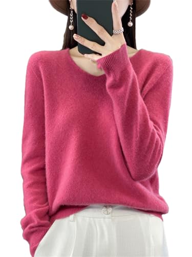 Strickpullover Kaschmir Pullover Frauen Merino Wolle V-Ausschnitt Pullover Winter Herbst Stricken Top, Himbeerfarben, XL von Pulcykp
