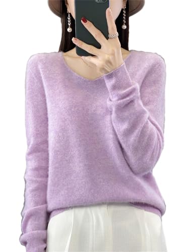 Strickpullover Kaschmir Pullover Frauen Merino Wolle V-Ausschnitt Pullover Winter Herbst Stricken Top, Jacquard, Violett, XX-Large von Pulcykp