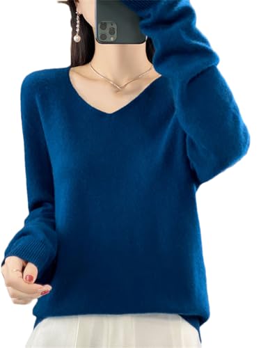 Strickpullover Kaschmir Pullover Frauen Merino Wolle V-Ausschnitt Pullover Winter Herbst Stricken Top, Seegras blau, L von Pulcykp