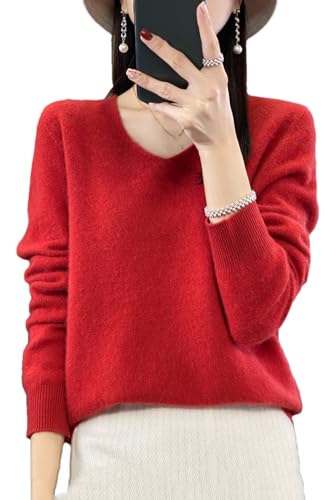Strickpullover Kaschmir Pullover Frauen Merino Wolle V-Ausschnitt Pullover Winter Herbst Stricken Top, kirschrot, L von Pulcykp