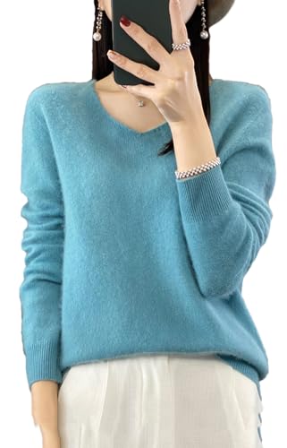 Strickpullover Kaschmir Pullover Frauen Merino Wolle V-Ausschnitt Pullover Winter Herbst Stricken Top, seeblau, XX-Large von Pulcykp