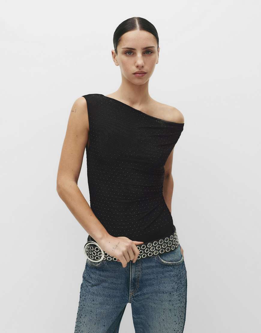 Pull & Bear - Asymmetrischer, drapierter Body in Schwarz mit Strassverzierung von Pull & Bear