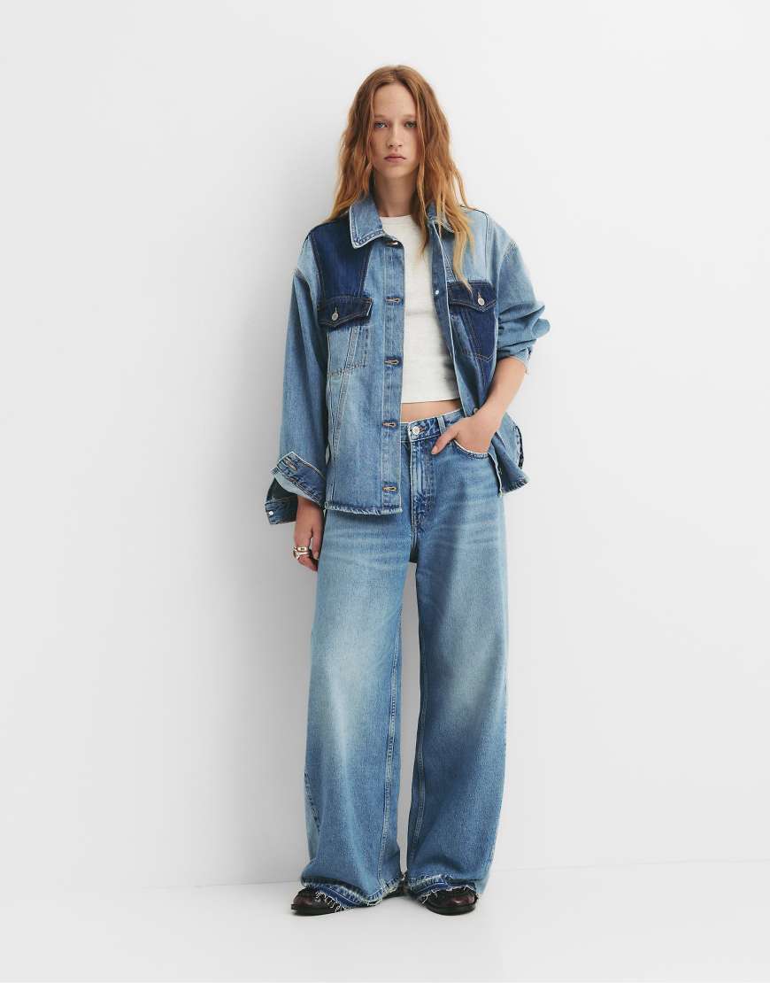 Pull & Bear - Baggy-Jeans in Dunkelblau mit mittelhohem Bund und Patchwork-Design von Pull & Bear