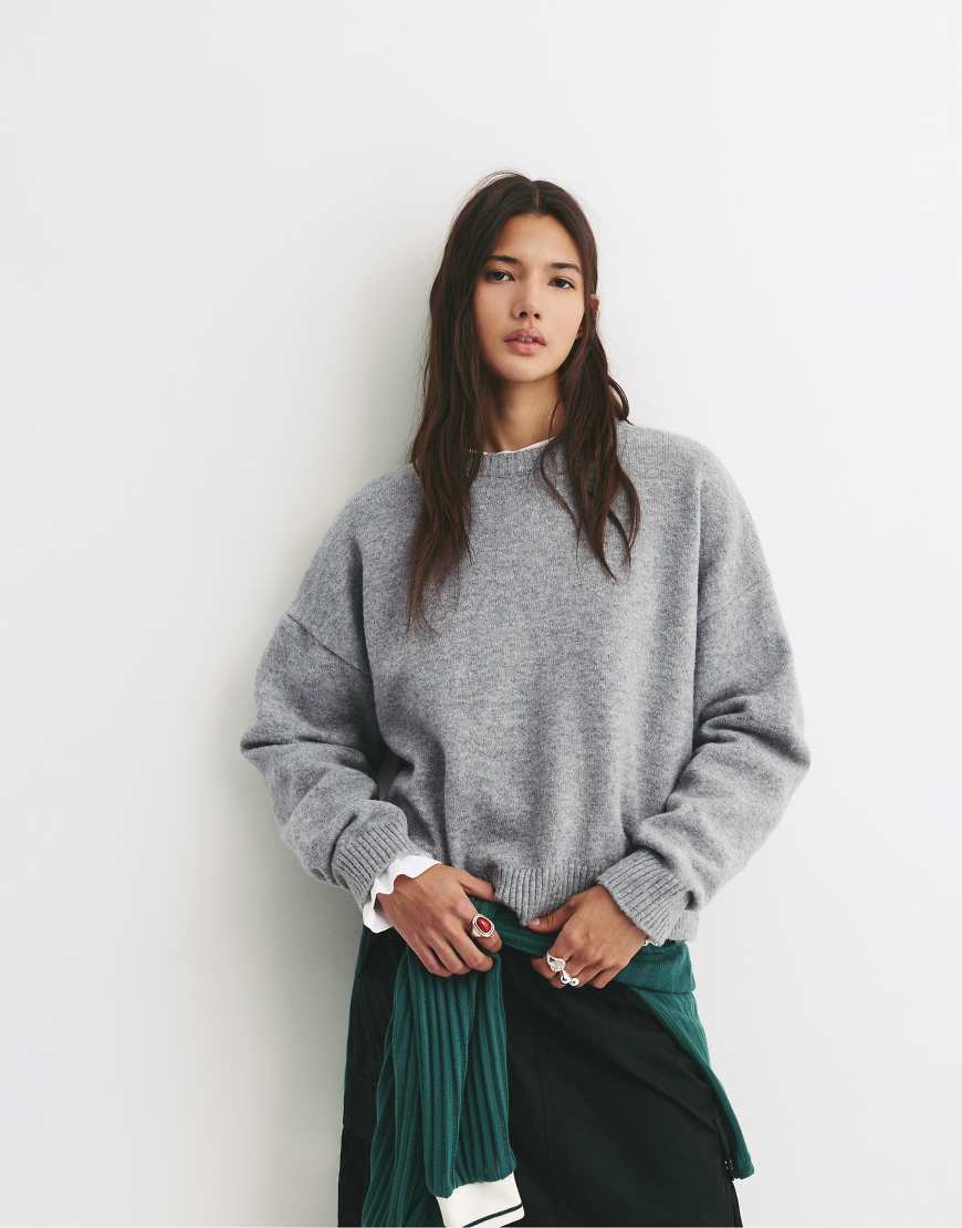 Pull & Bear - Basic-Strickpullover in meliertem Grau von Pull & Bear