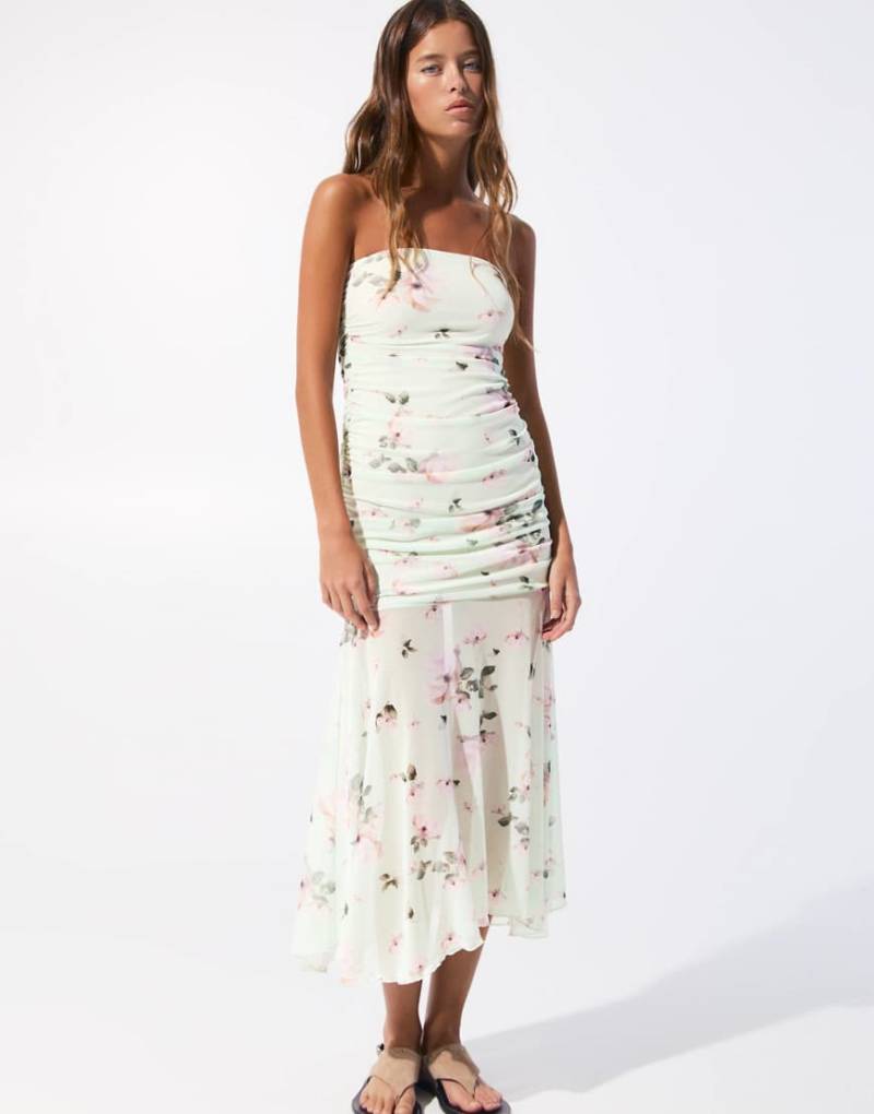 Pull & Bear - Geblümtes trägerloses Netzstoff-Kleid in Mint-Grün von Pull & Bear