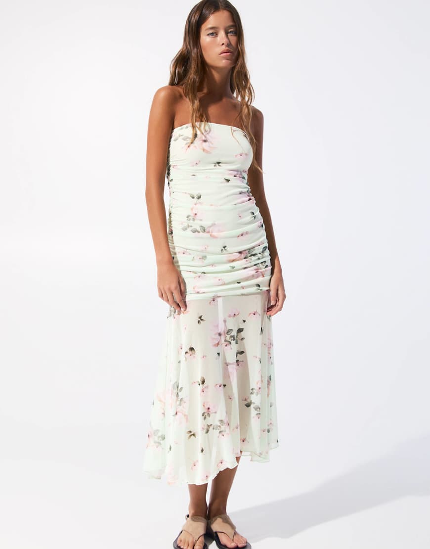 Pull & Bear - Geblümtes trägerloses Netzstoff-Kleid in Mint-Grün von Pull & Bear