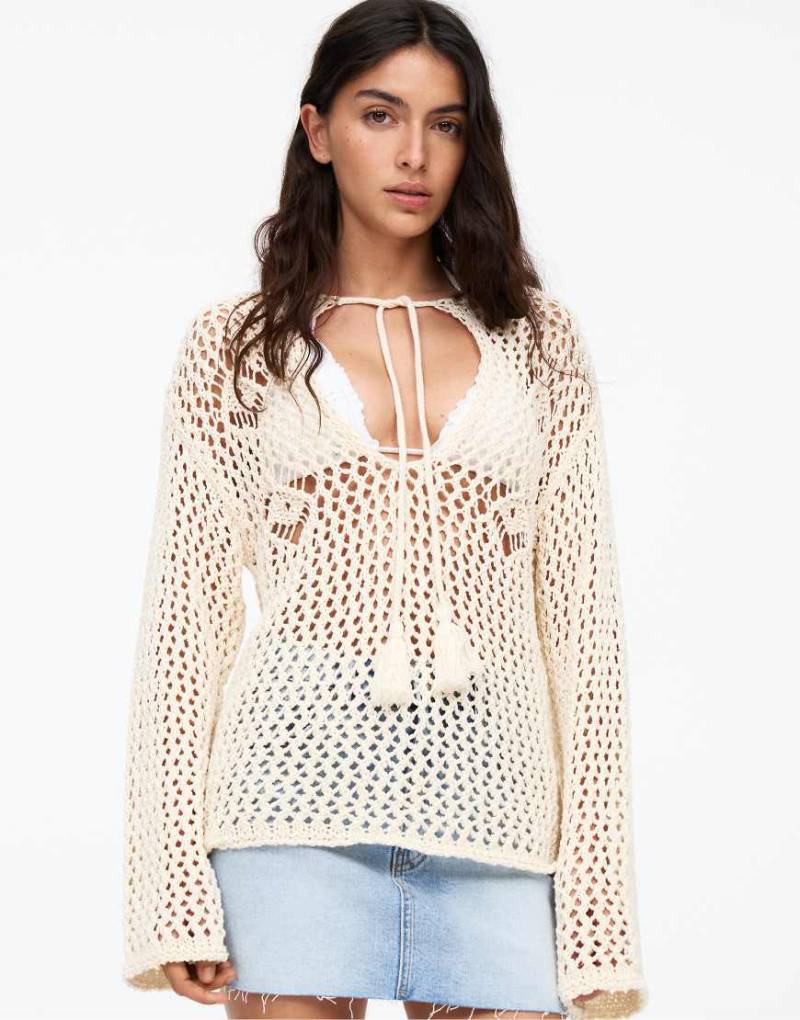 Pull & Bear - Gehäkelter Pullover in Beige mit Kordelzug-Neutral von Pull & Bear