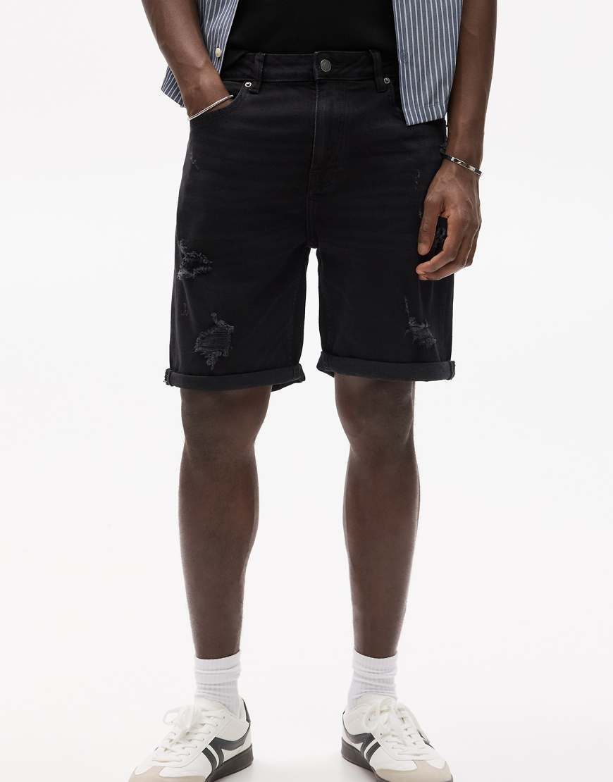 Pull & Bear - Gerippte Bermuda-Jeansshorts in Schwarz mit schmalem Schnitt von Pull & Bear