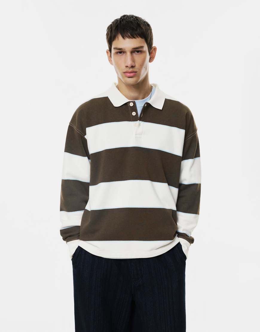 Pull & Bear - Gestreiftes Polohemd in Wollweiß mit Stickerei von Pull & Bear