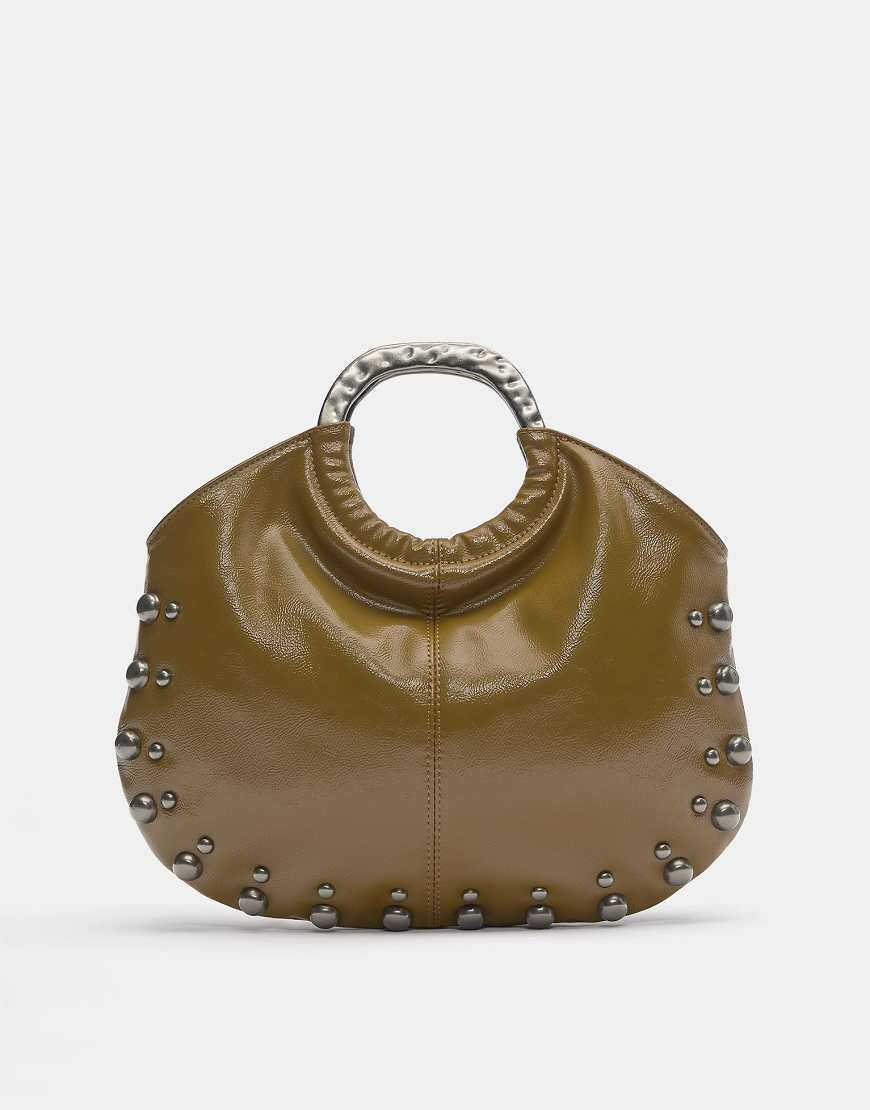 Pull & Bear - Handtasche in Khaki mit Nietenbesatz und Griff aus Metall-Bunt von Pull & Bear