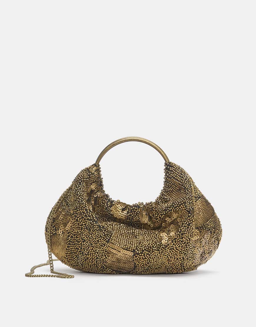 Pull & Bear - Handtasche in Schwarz mit Metallgriff und Perlenverzierung-Kupfer von Pull & Bear