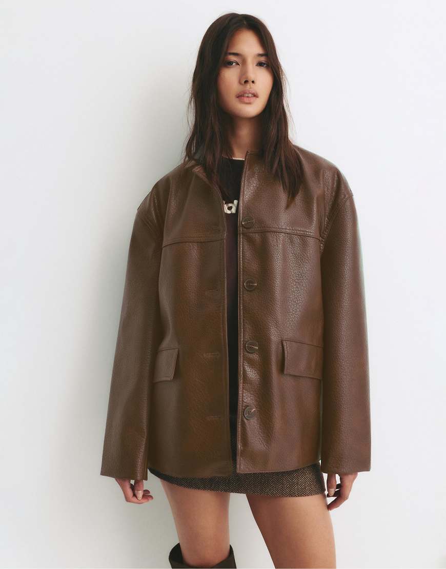 Pull & Bear - Jacke aus Kunstleder in Schokobraun-Brown von Pull & Bear