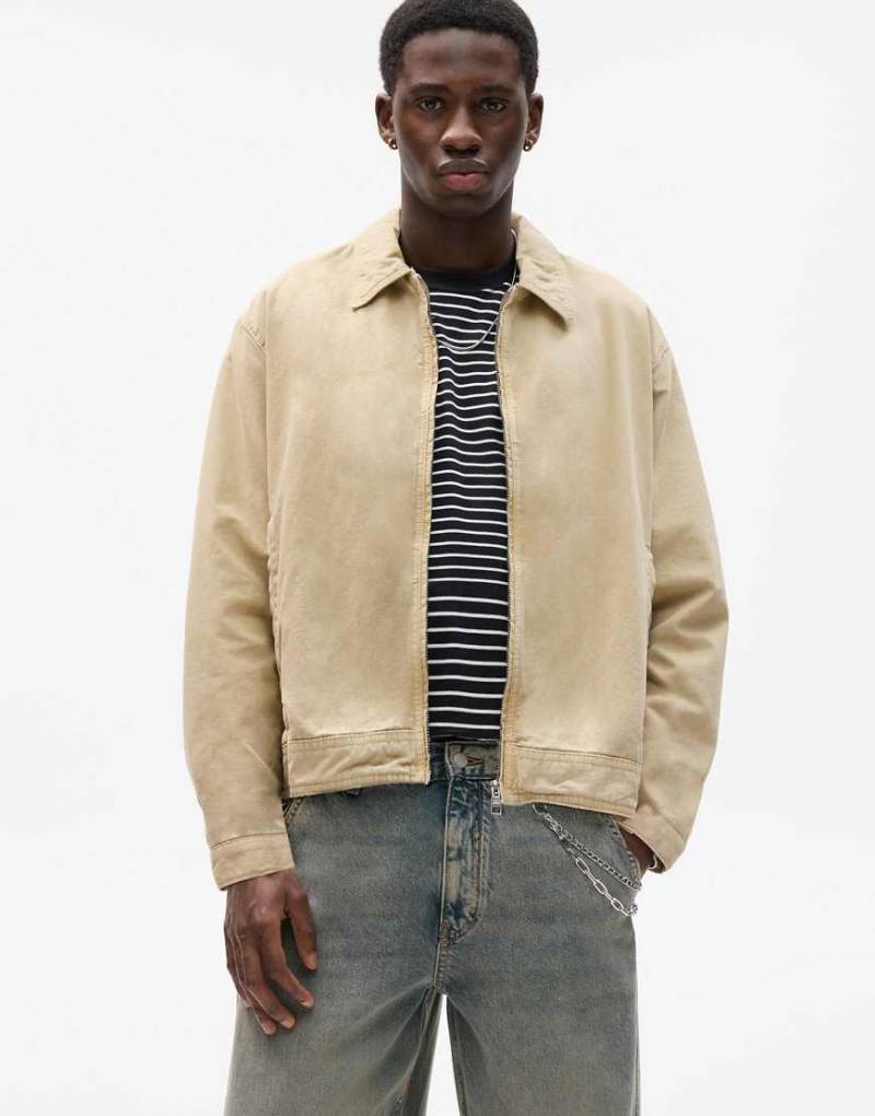 Pull & Bear - Jacke aus gewaschener Baumwolle in Beige-Grün von Pull & Bear