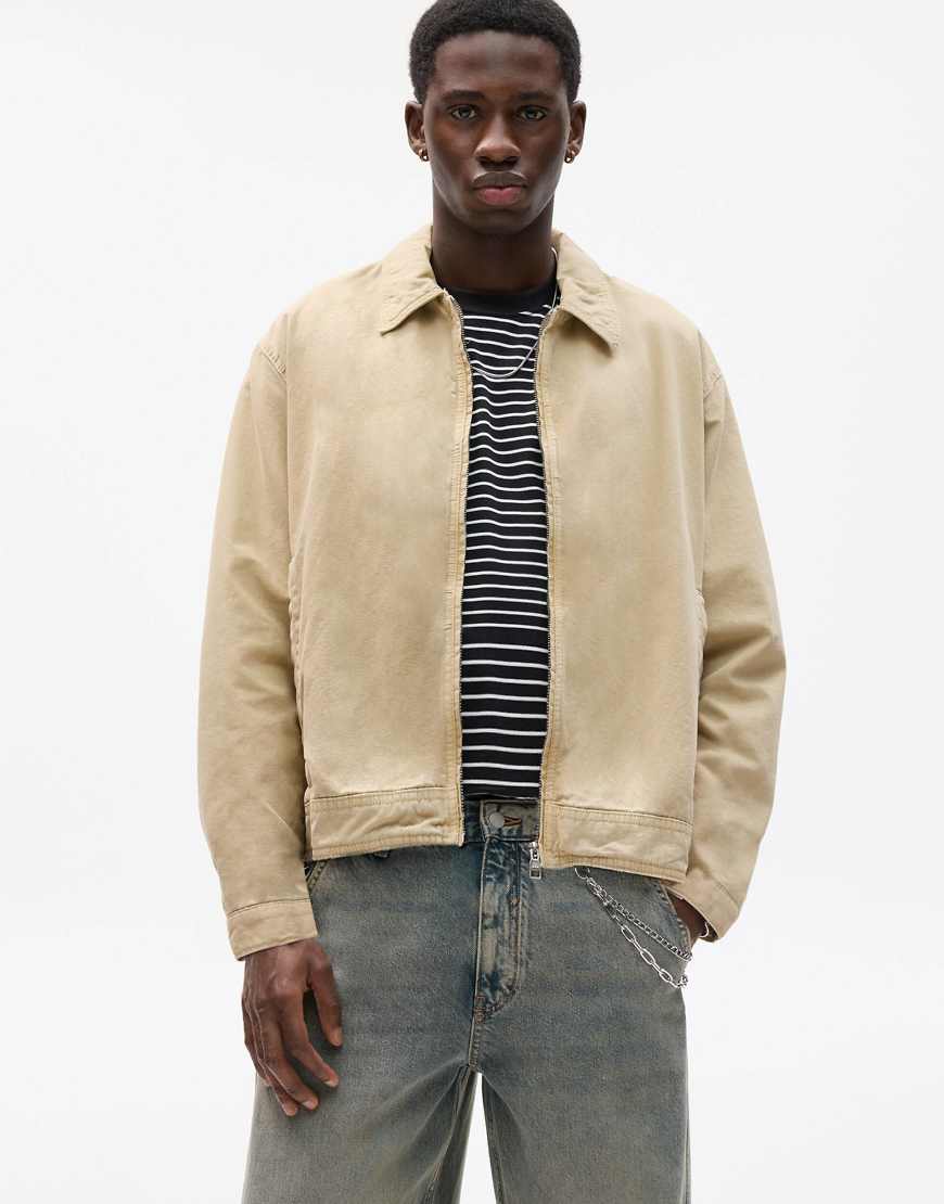 Pull & Bear - Jacke aus gewaschener Baumwolle in Beige-Grün von Pull & Bear