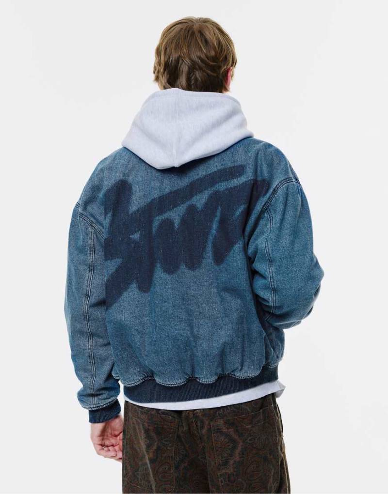Pull & Bear - Jeans-Bomberjacke in Mittelblau mit „Stwd"-Logo von Pull & Bear