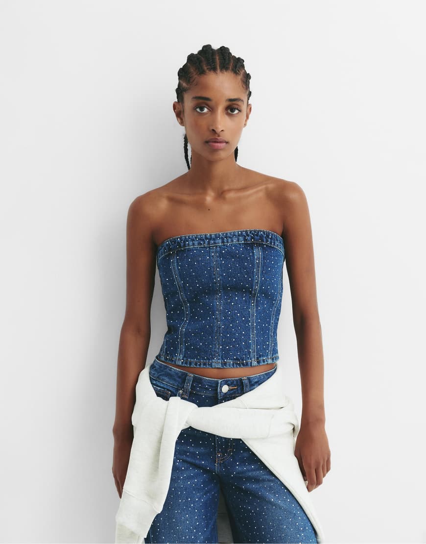 Pull & Bear - Jeans-Oberteil in Dunkelblau mit Strassverzierung von Pull & Bear
