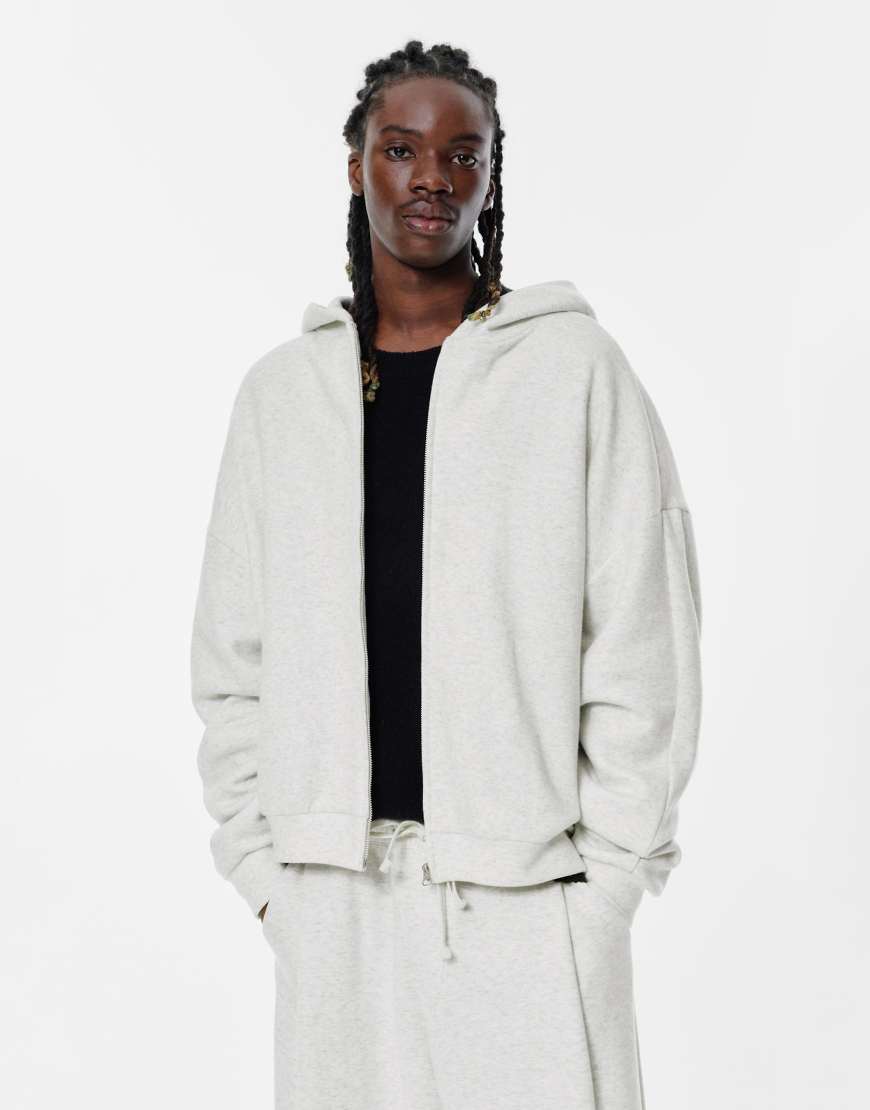 Pull & Bear - Kapuzenjacke in meliertem Grau mit Falten-Detail von Pull & Bear