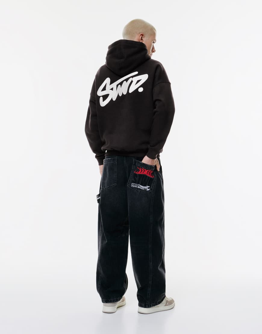 Pull & Bear - Kapuzenpullover in Schwarz mit Stwd-Logo-Stickerei von Pull & Bear