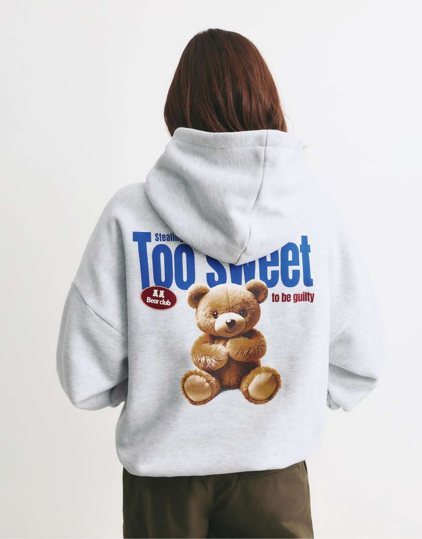 Pull & Bear - Kapuzenpullover in grau meliert mit Bär-Grafikprint von Pull & Bear