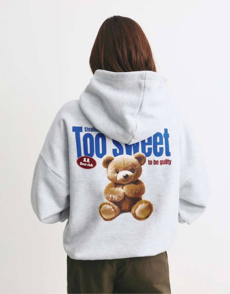 Pull & Bear - Kapuzenpullover in grau meliert mit Bär-Grafikprint von Pull & Bear