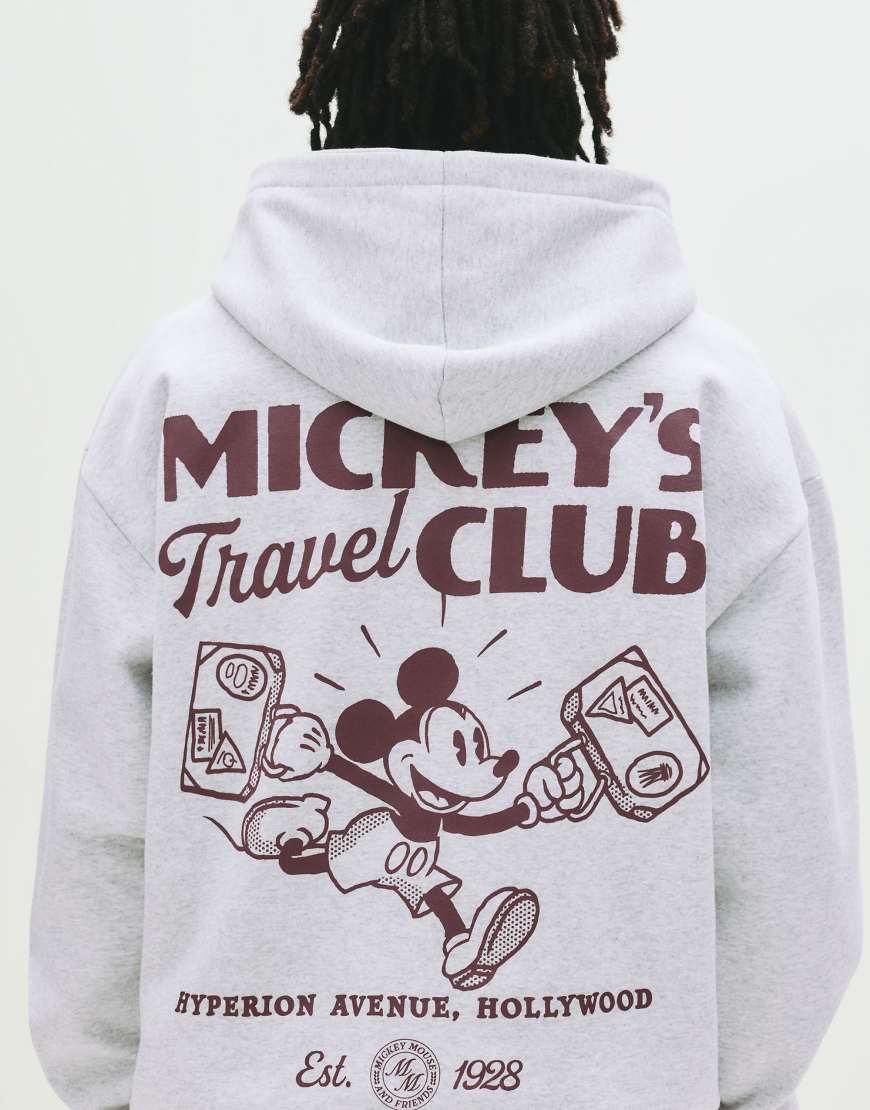 Pull & Bear - Kapuzenpullover in meliertem Grau mit „Mickey Mouse"-Print von Pull & Bear