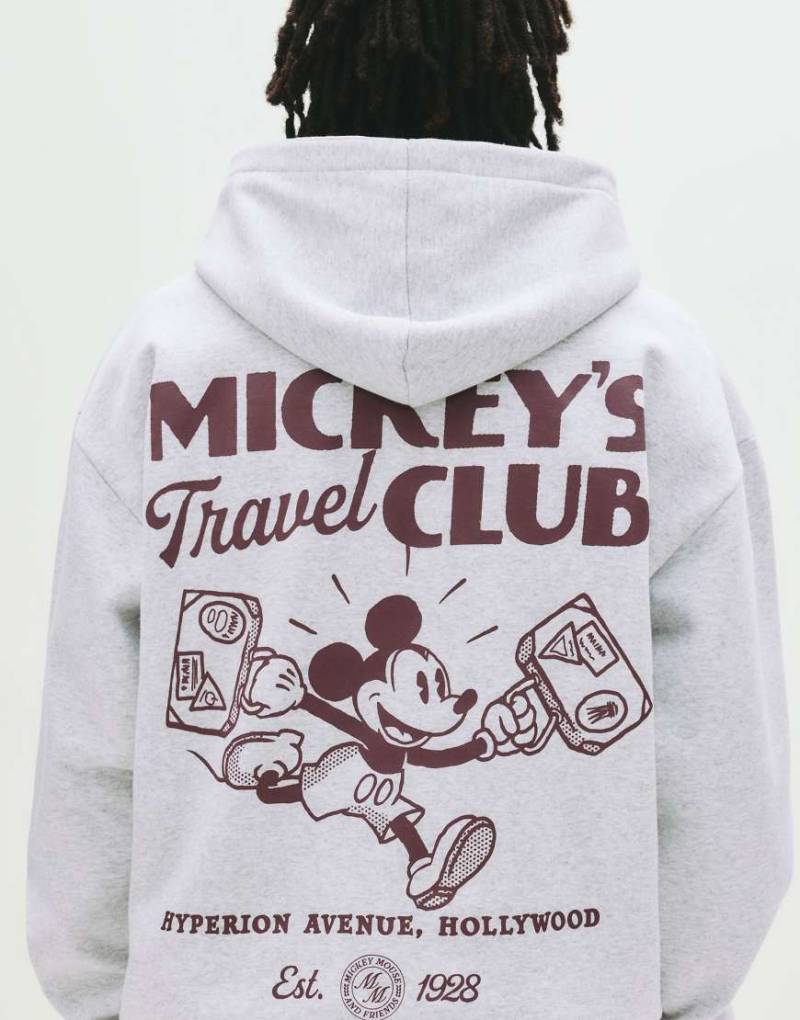 Pull & Bear - Kapuzenpullover in meliertem Grau mit „Mickey Mouse"-Print von Pull & Bear