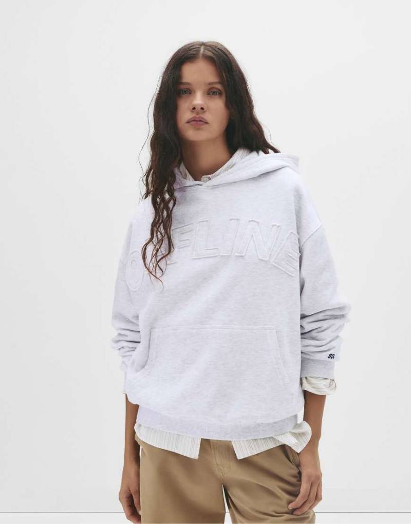 Pull & Bear - Kapuzenpullover in meliertem Grau mit „Offline"-Schriftzug von Pull & Bear