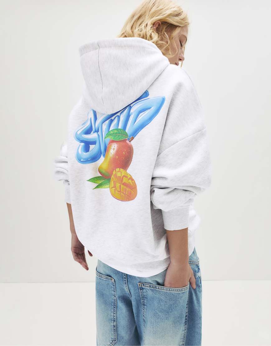 Pull & Bear - Kapuzenpullover in meliertem Grau mit „STWD"-Mango-Print von Pull & Bear