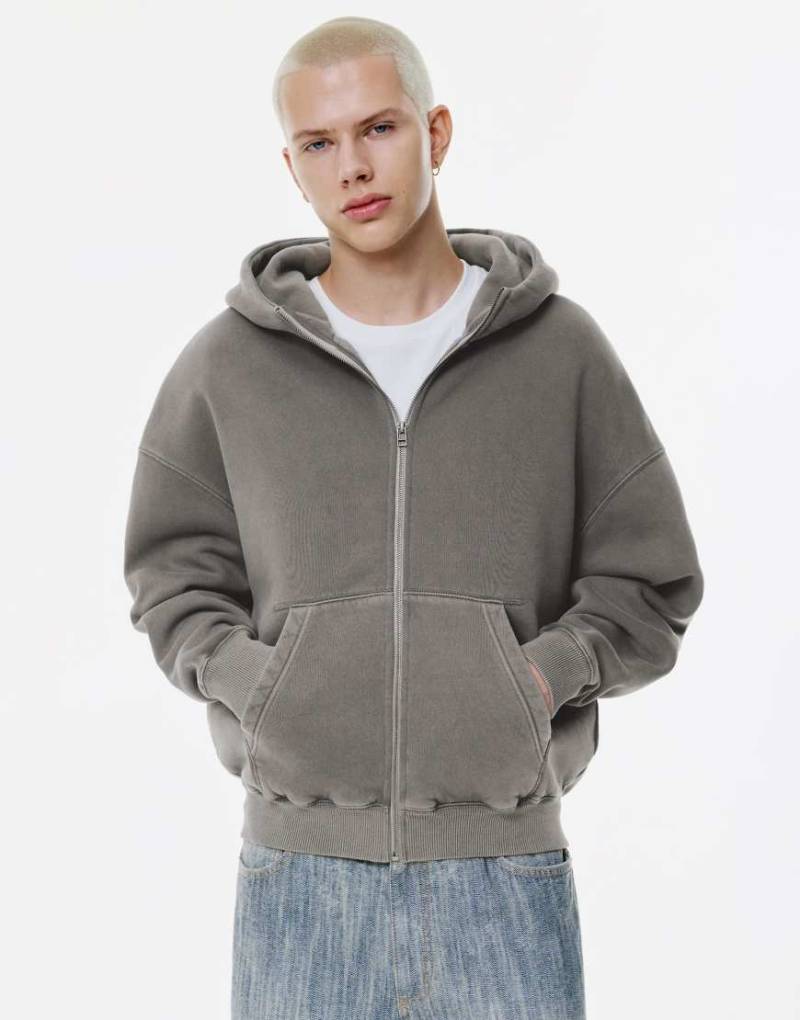 Pull & Bear - Kastige Kapuzenjacke in Grau mit Reißverschluss von Pull & Bear