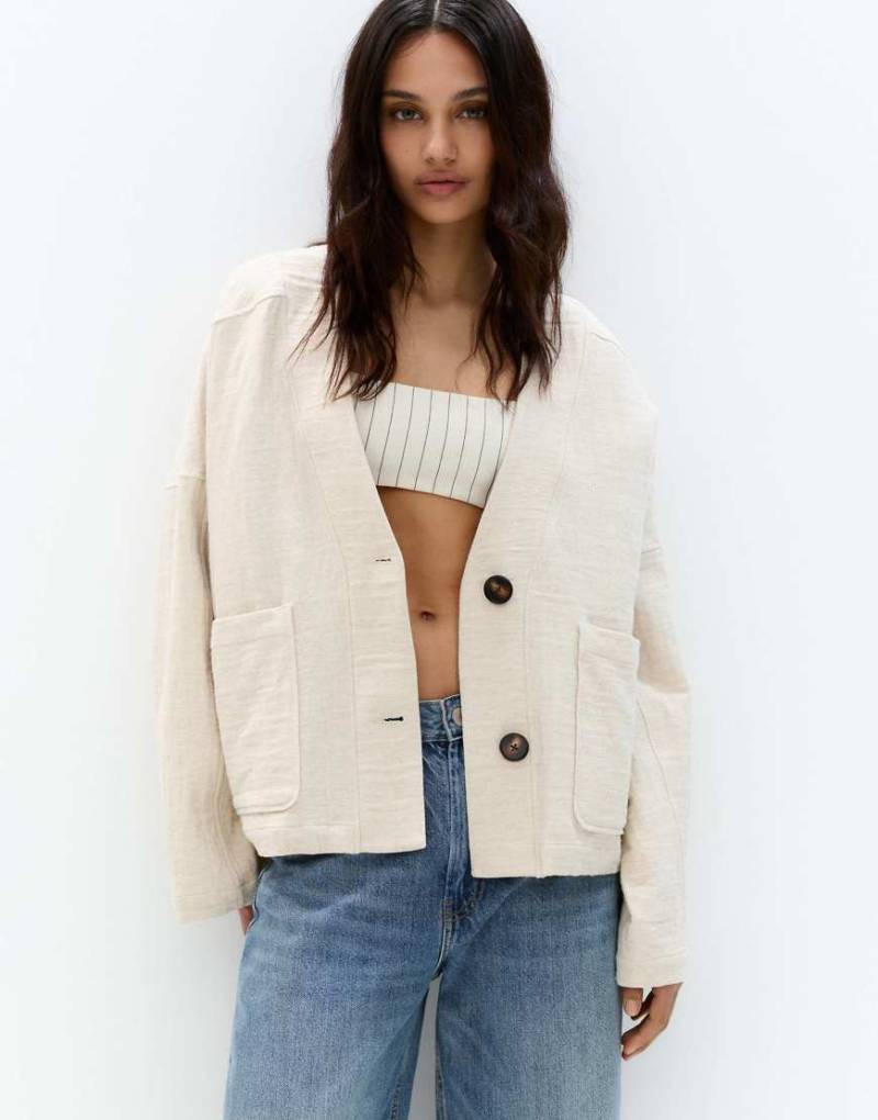 Pull & Bear - Kimono-Jacke in ecru Leinenoptik-Weiß von Pull & Bear