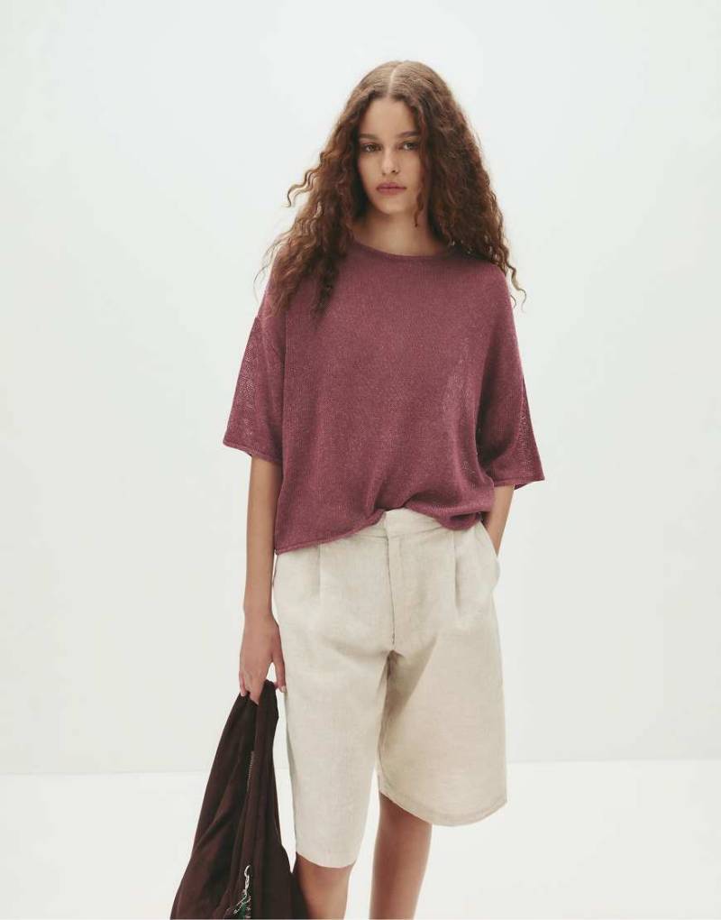 Pull & Bear - Kurzärmliger Pullover in Burgunderrot von Pull & Bear