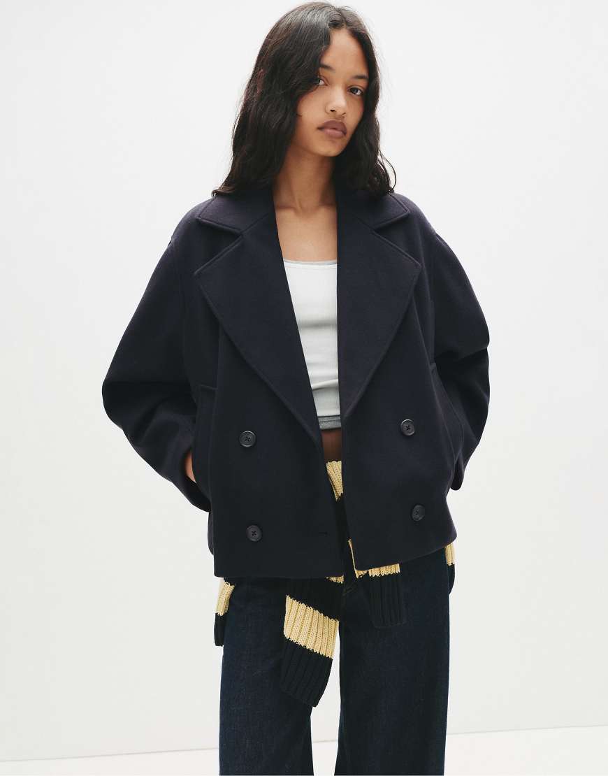 Pull & Bear - Kurzmantel in Marineblau mit Filzstruktur von Pull & Bear